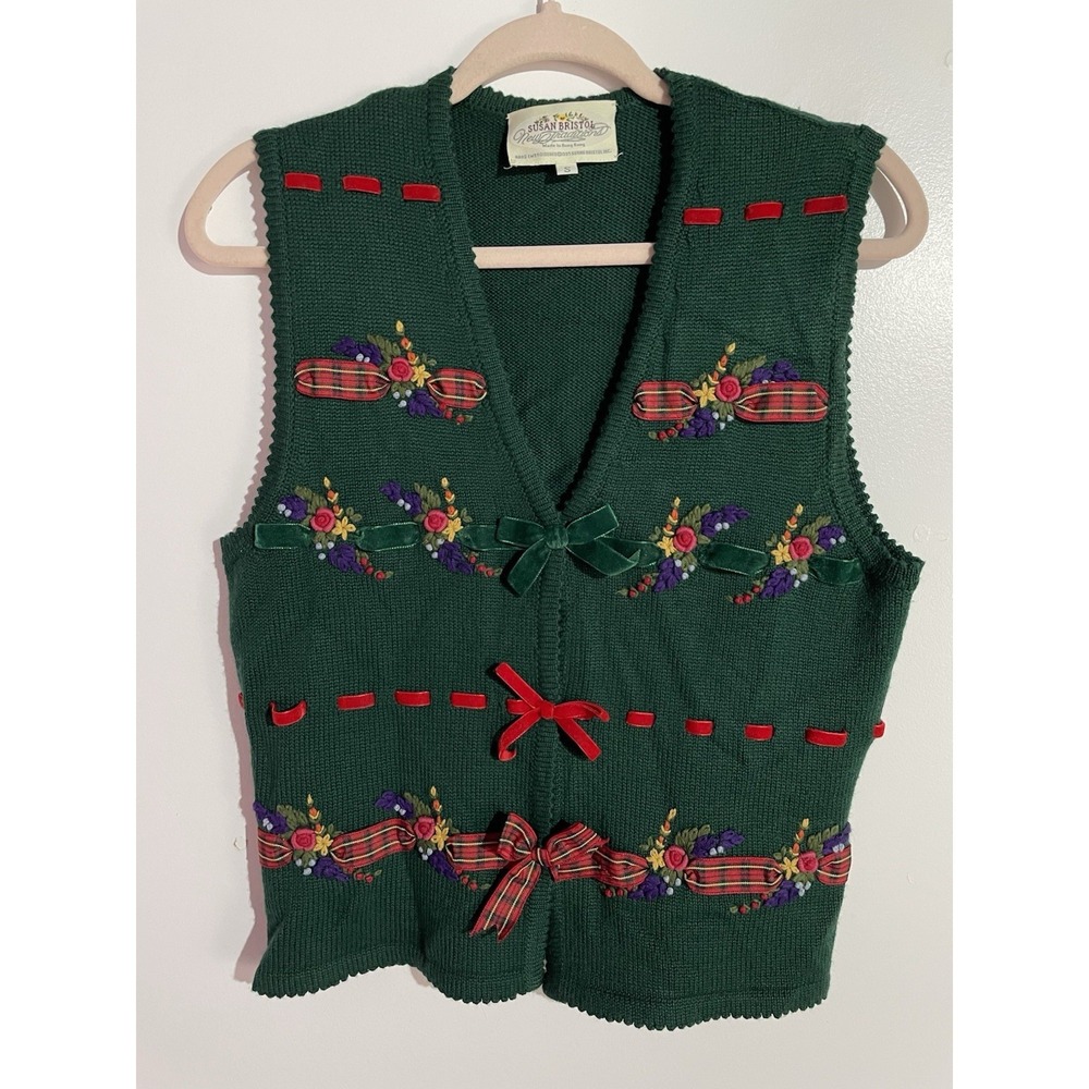 Vtg Susan Bristol Sweater Vest S Floral Christmas Hand‎ Embroidered Wool Granny